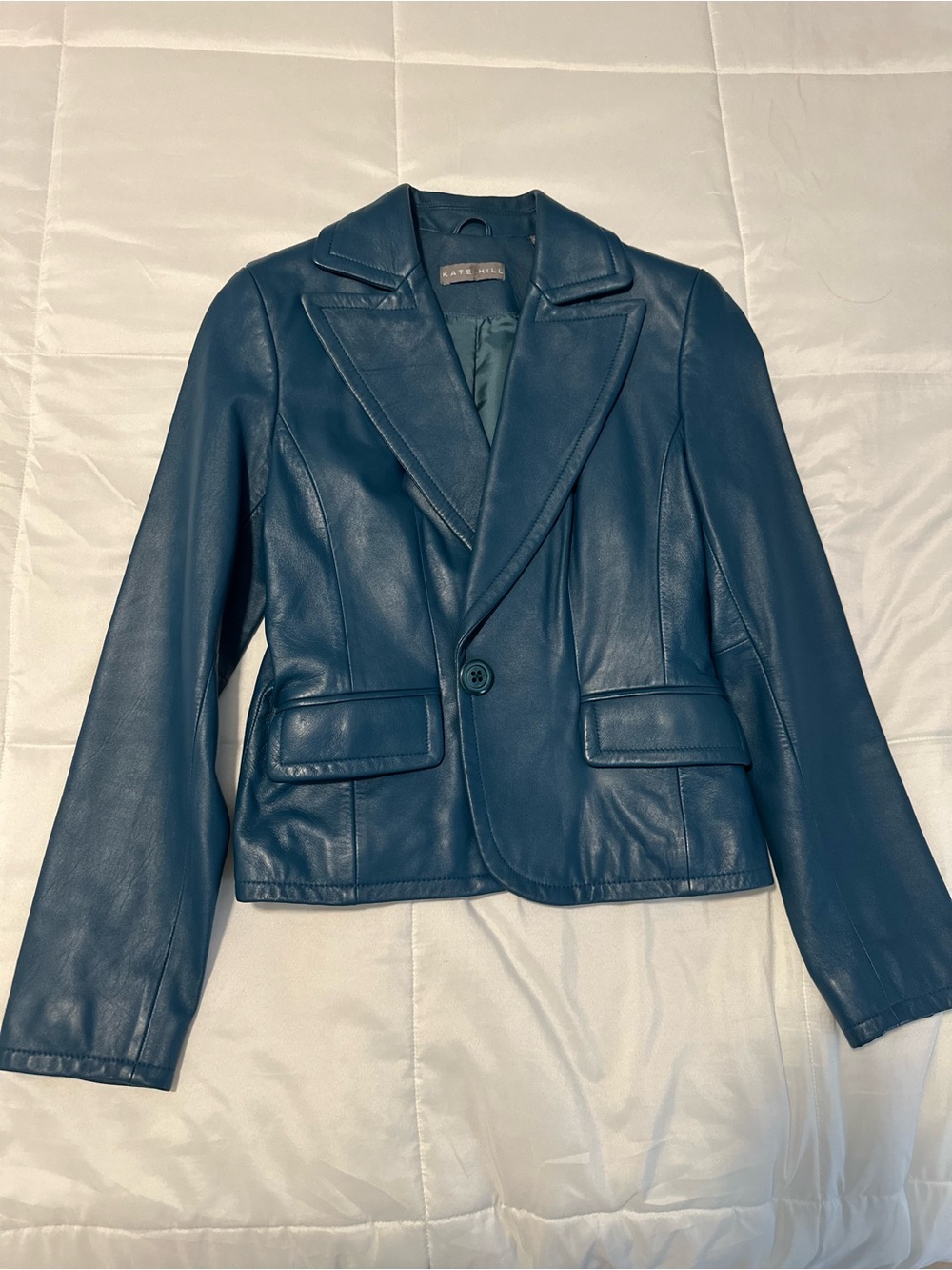 Kate Hill Teal-Blue Leather Blazer Jacket